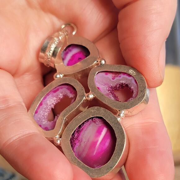 Raw Pink Geode Pendant – Vibrant Crystal Slice + 20" Sterling Silver Chain - Picture 9 of 10